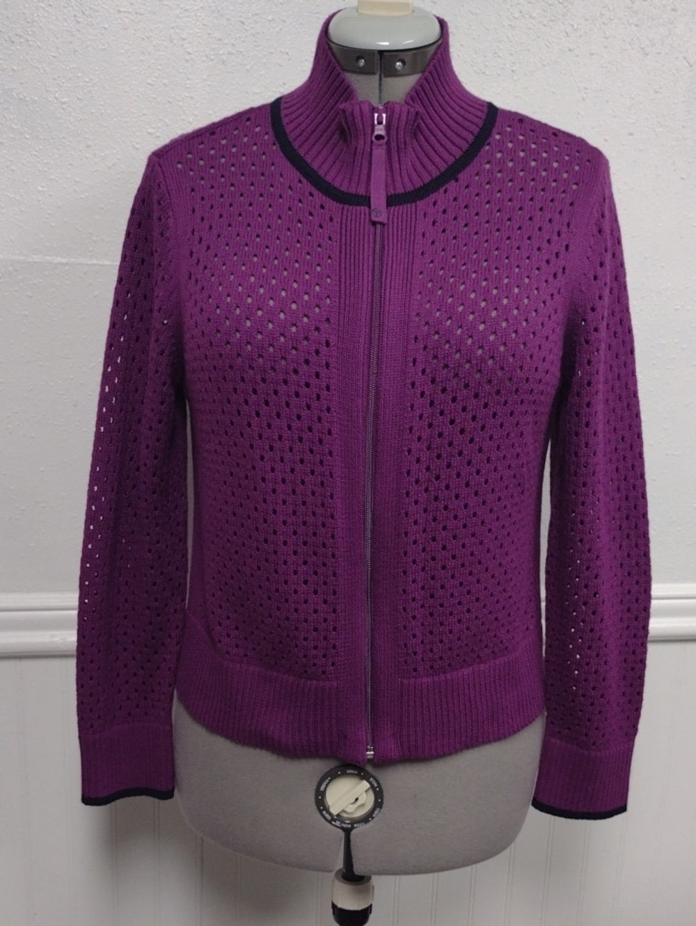 Talbots Purple Zip-Front Pointelle Knit Cardigan with Black Trim